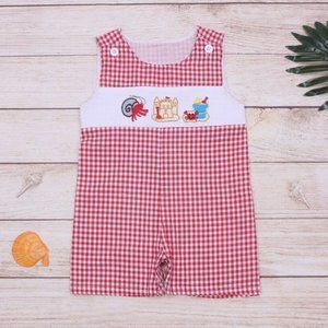 Boutique Beach Crab Sandcastle Baby Boys Red Shortalls Romper Jumpsuit